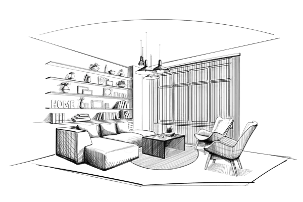 Architectural line drawing of a contemporary living room