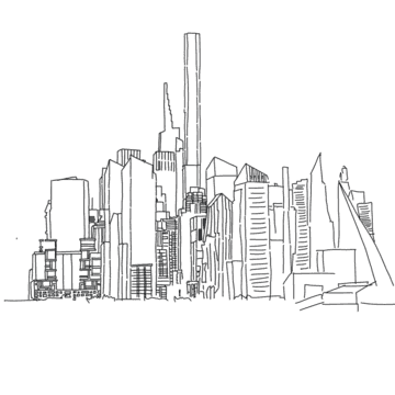 Architectural line drawing of a city skyline