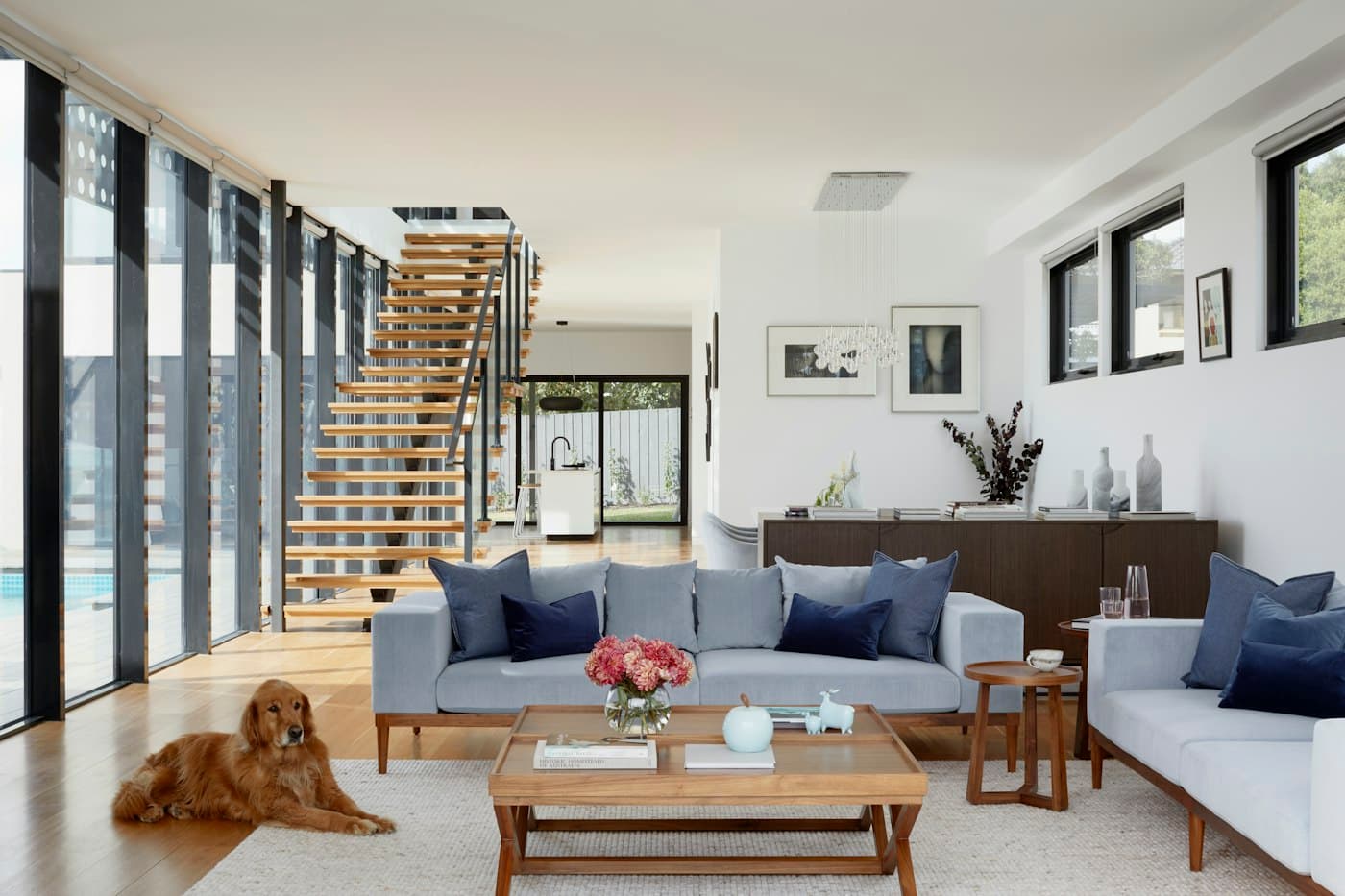 Light-filled modern living space with warm timber finishes
