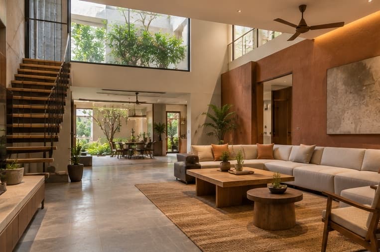 Warm contemporary bungalow interior with natural wood and earthy tones
