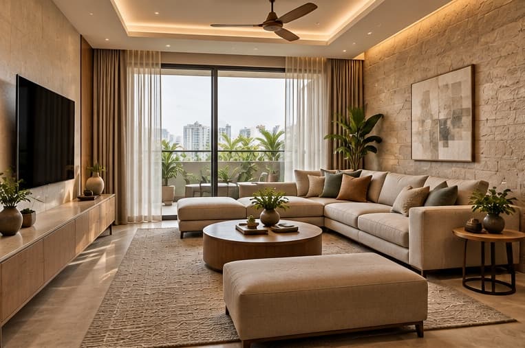 Modern apartment interior with limestone textures and light oak finishes