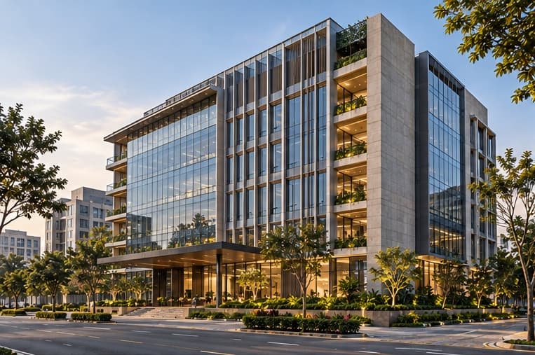 Mid-rise office building with glass facade and landscaped entrance plaza