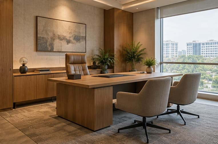 Premium corporate office interior with warm timber and glass partitions