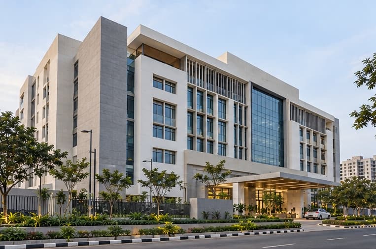 Contemporary hospital facade with clear entrance and landscaped frontage