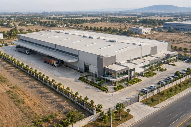 Industrial campus with factory hall, loading bay and administrative block