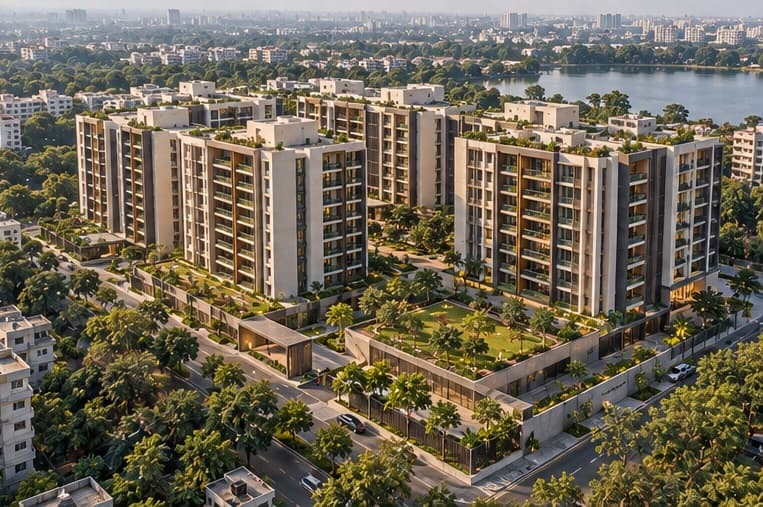 Contemporary apartment development with landscaped podium and residential blocks