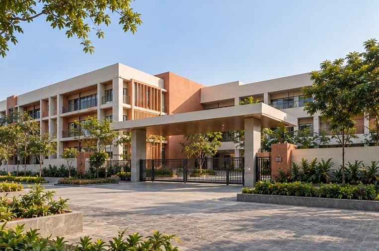 Contemporary school campus with courtyard, classroom wings and shaded corridors