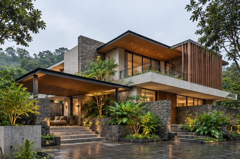 Hillside villa with stone facade, timber details, and broad terrace glazing