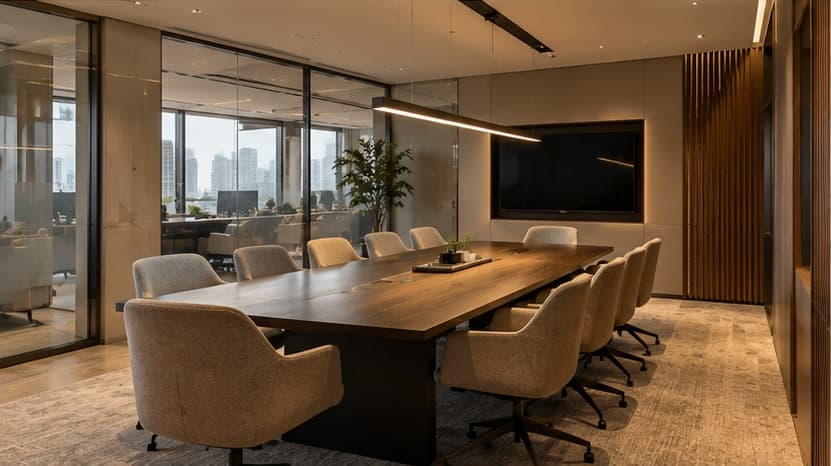 Executive office interior with timber joinery, stone surfaces and boardroom detailing